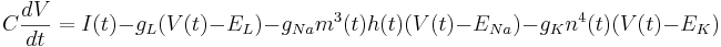  C \frac{dV}{dt} = I(t) - g_L (V(t) - E_L) - g_{Na} m^3(t) h(t) (V(t) - E_{Na}) - g_K n^4(t) (V(t) - E_K) 